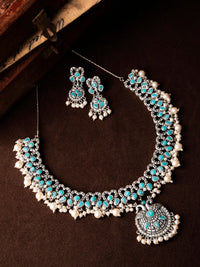 Thumbnail for Rubans Women Oxidised Silver-Toned, Blue & White Stone & Pearl Embellished Handcrafted Jewellery Set - Distacart