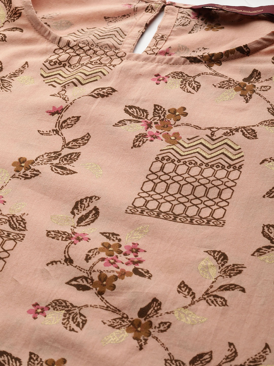 Sangria Women Dusty Pink & Brown Pure Cotton Printed Kurta with Palazzos & Dupatta - Distacart