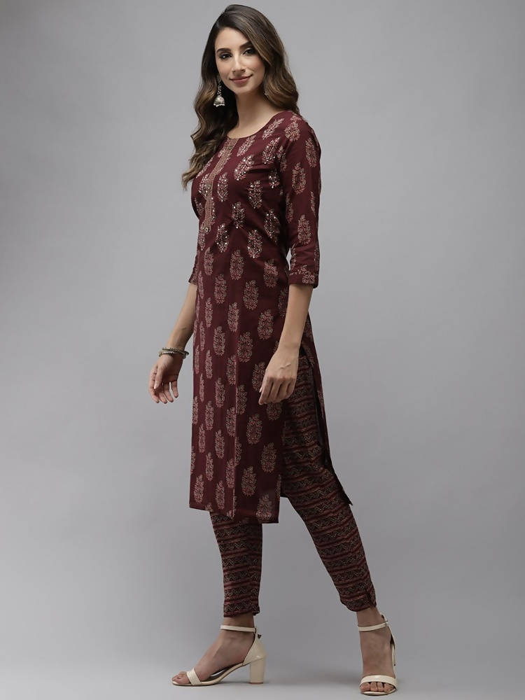 Yufta Women Maroon Ethnic Motifs Regular Sequinned Pure Cotton Kurta with Trouser