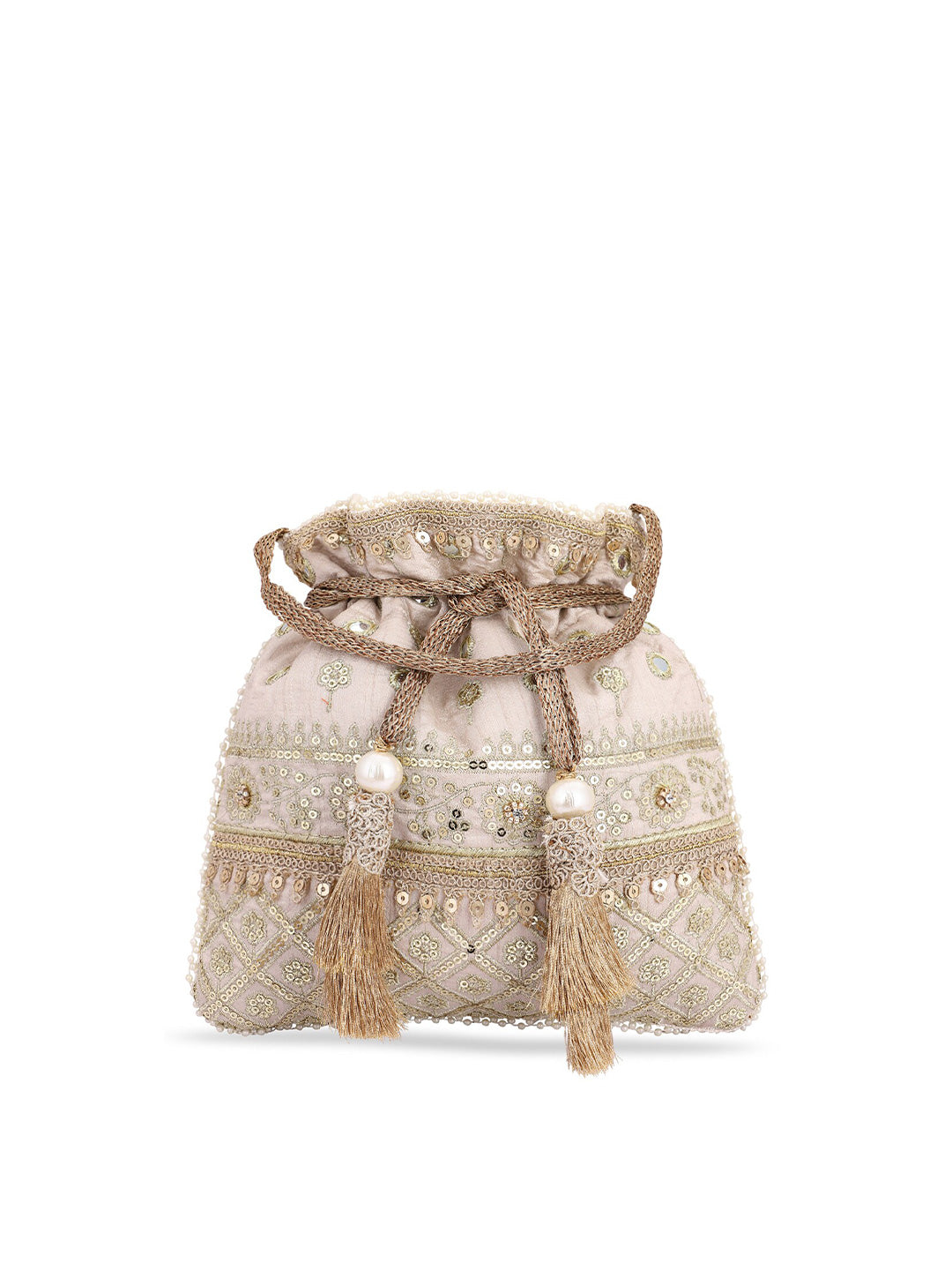 Masq Women Beige & Gold-Toned Embellished Potli - Distacart