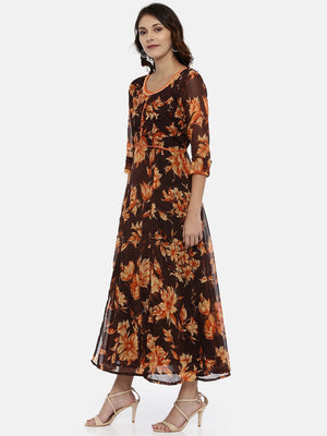 Souchii Brown & Orange Floral Printed Chiffon Maxi Dress - Distacart