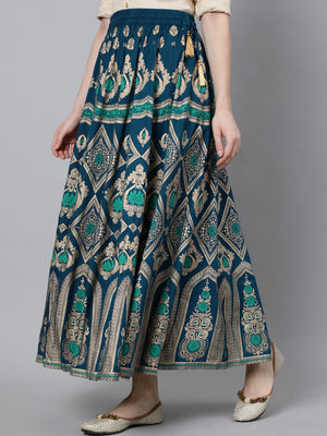Jaipur Kurti Women Turquoise Blue & Gold-Coloured Printed Maxi-Length Skirt - Distacart