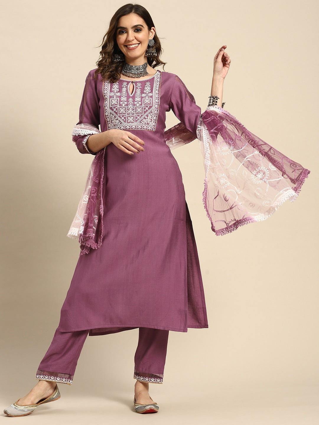 Sangria Women Embroidered Regular Thread Work Kurta with Trousers & With Dupatta - Distacart