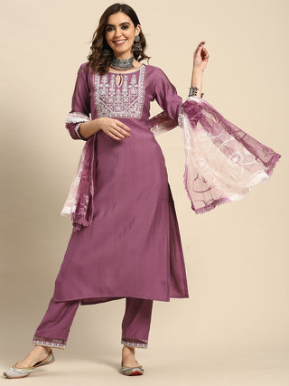 Sangria Women Embroidered Regular Thread Work Kurta with Trousers & With Dupatta - Distacart