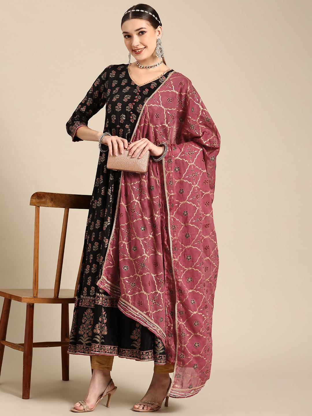 Sangria Women Black & Burgundy Ethnic Motifs Printed Mirror Work Anarkali Kurta - Distacart