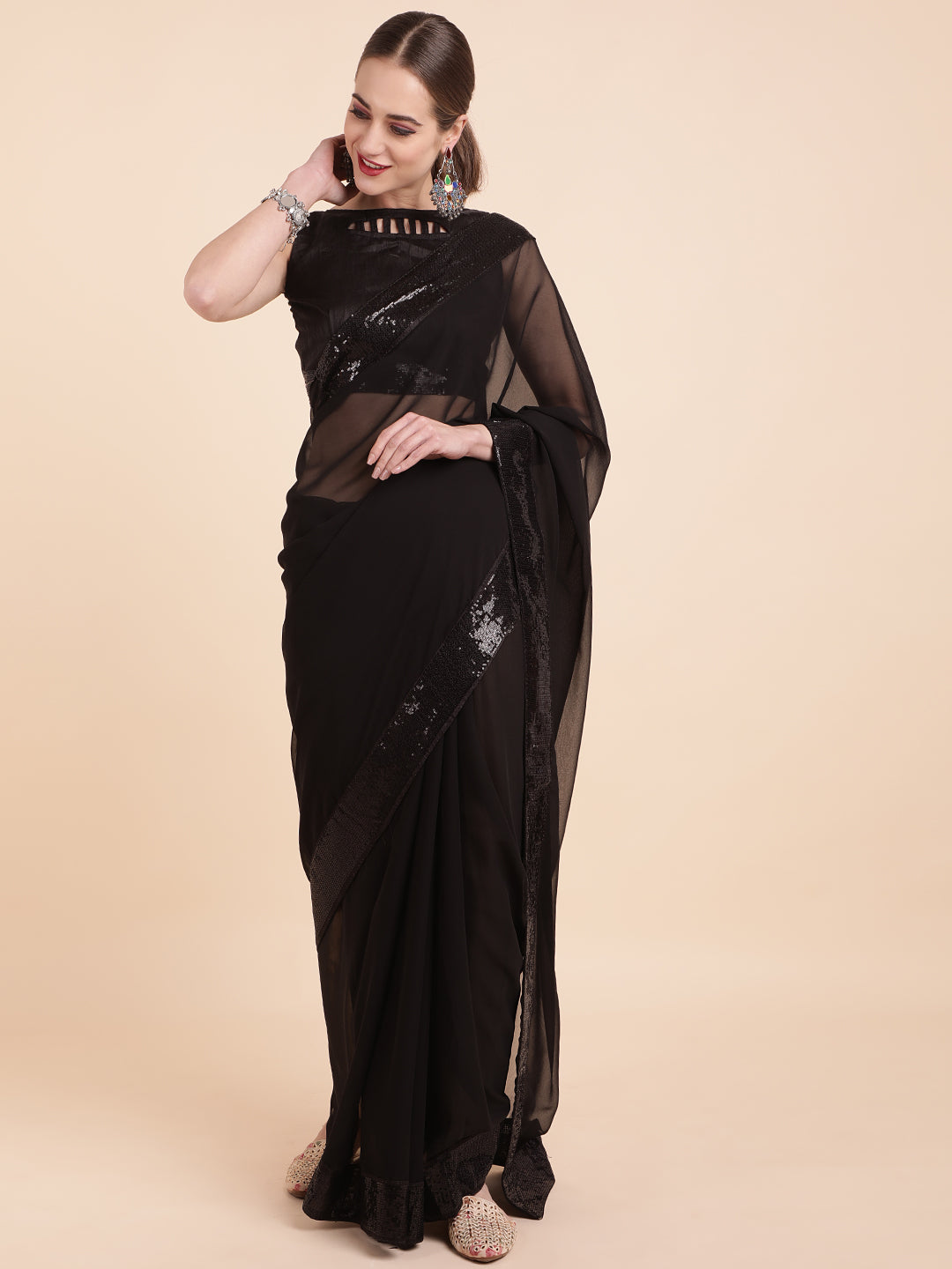 Sangria Black Sequinned Pure Georgette Saree - Distacart
