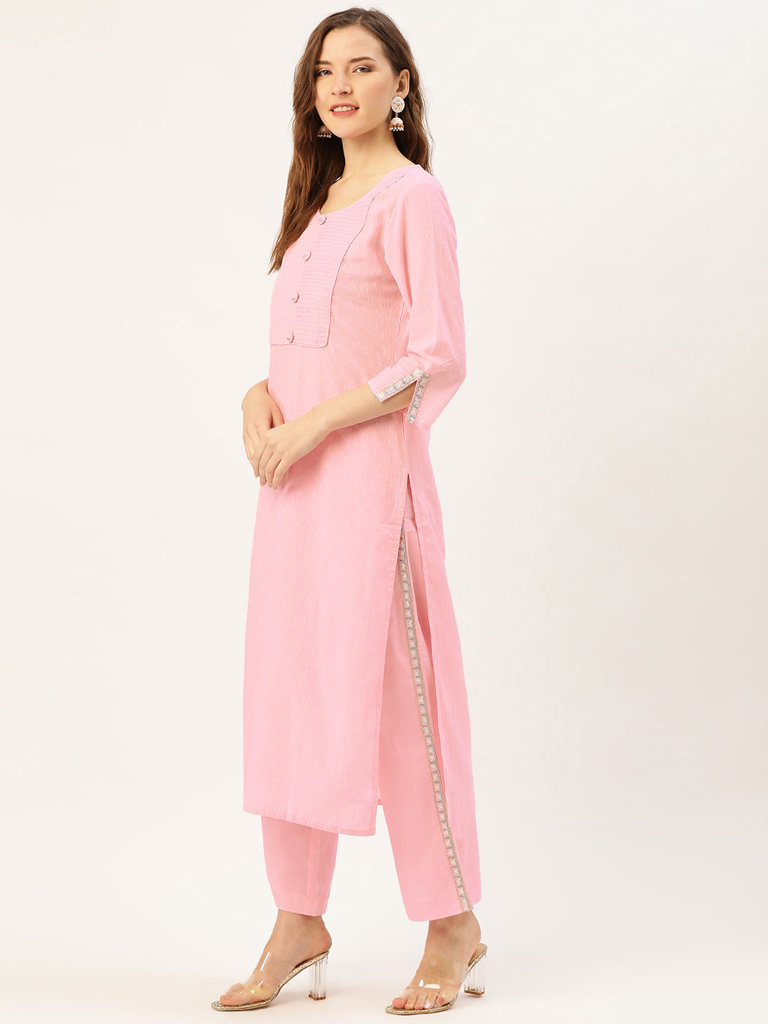 Jaipur Kurti Women Pink & Grey Dobby Weave Kurta with Palazzos & Dupatta - Distacart