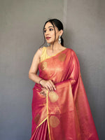Thumbnail for Mitera Pink & Gold-Toned Woven Design Zari Tissue Saree - Distacart