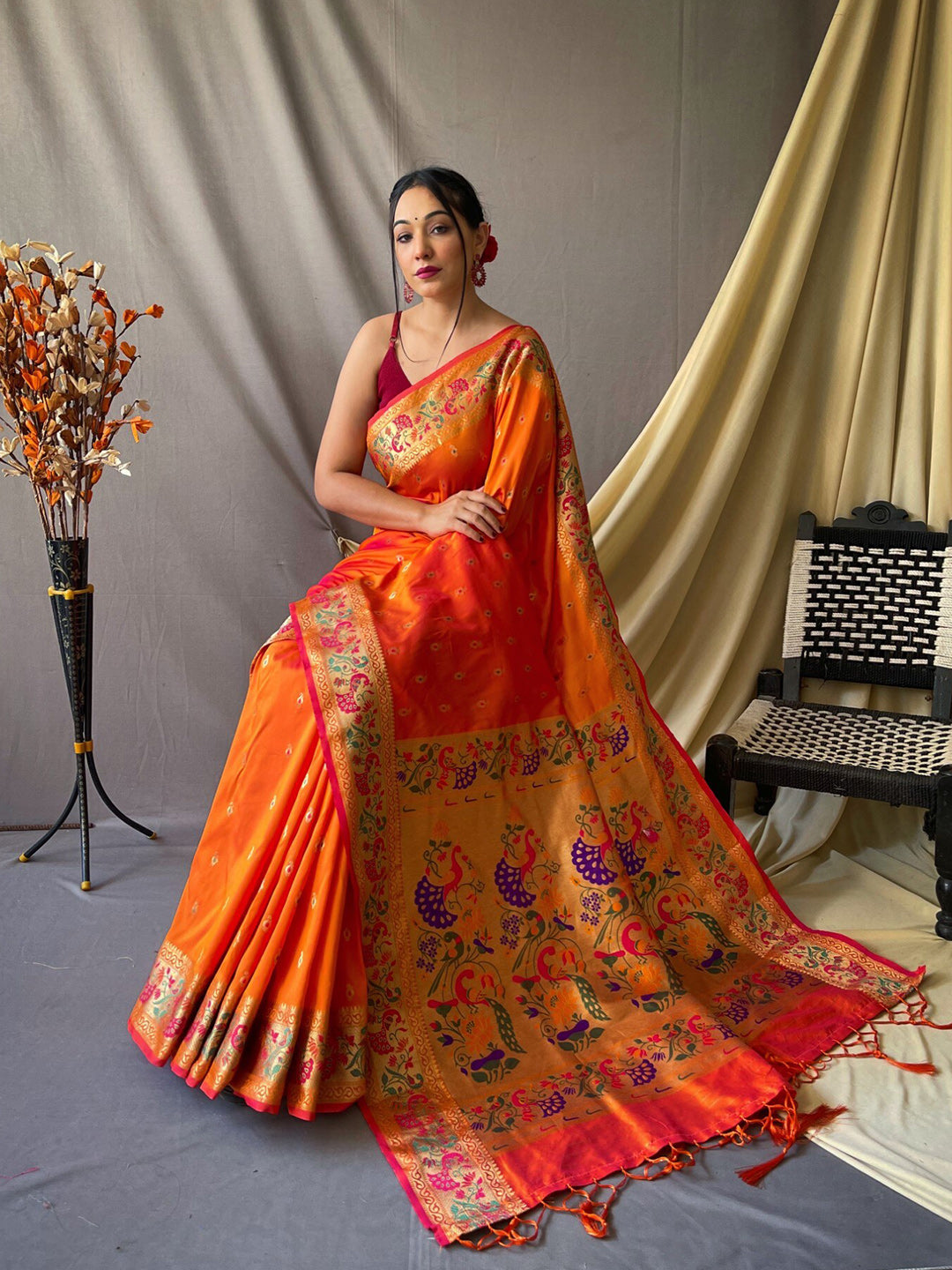 Mitera Orange & Green Ethnic Motif Woven Design Zari Paithani Saree - Distacart