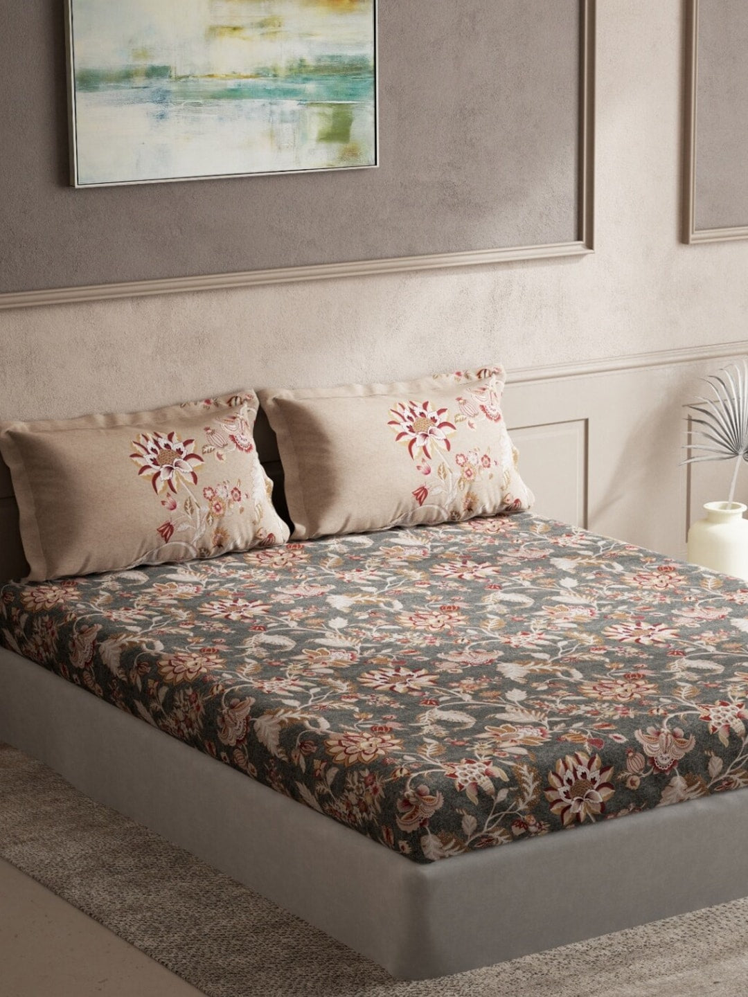 DDecor Grey & Maroon Ethnic Motifs 140 TC Cotton Queen Bedsheet with 2 Pillow Covers - Distacart