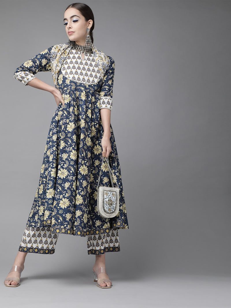 Libas Navy Blue Pure Cotton Floral Print Kurta with Palazzos &amp; Dupatta - Distacart