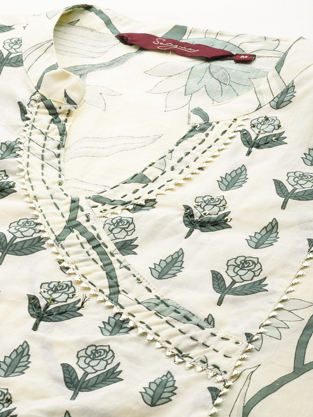 Sangria Floral Printed Angrakha Sequinned Pure Cotton Kurta With Trousers - Distacart