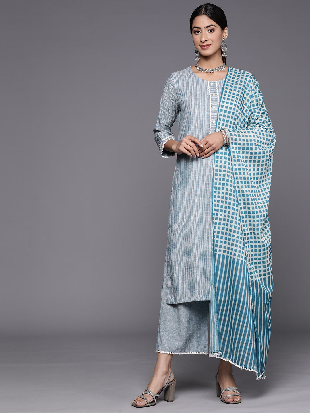 Biba Self-Striped Gota Patti Detail Straight Kurta with Palazzos & Checked Dupatta - Distacart