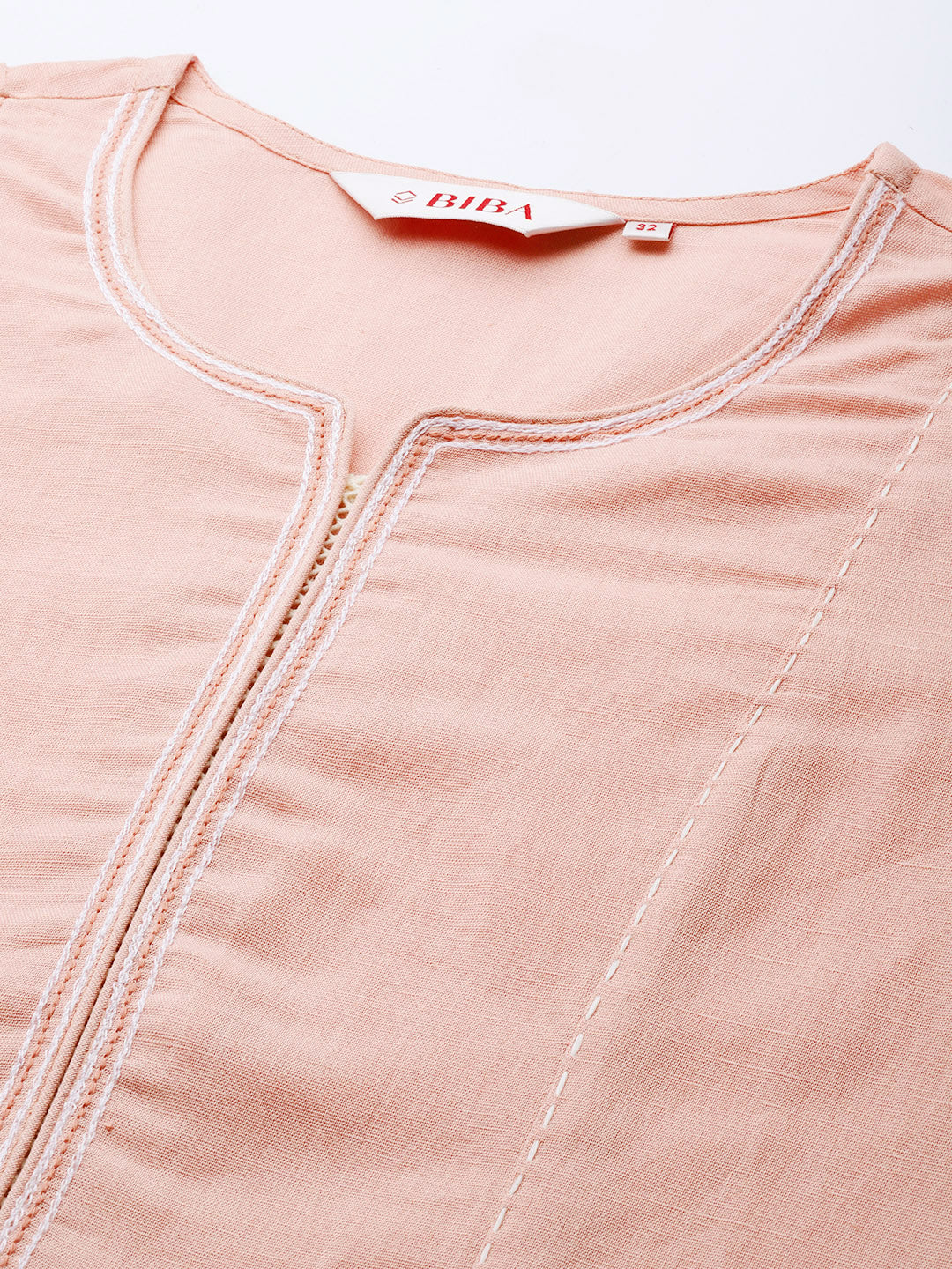 Biba Women Peach-Coloured Cotton Linen Solid Thread Work Kurta - Distacart