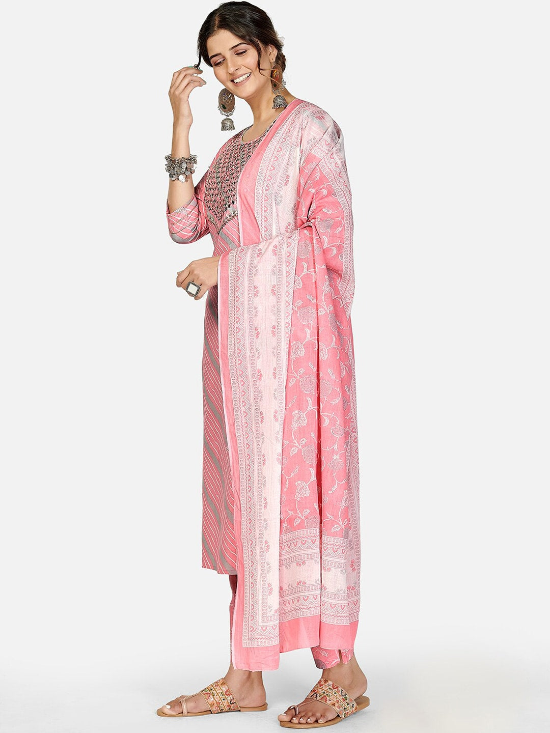 Kalini Women Pink Ethnic Motifs Striped Thread Work Pure Cotton Kurta with Trousers & With Dupatta - Distacart