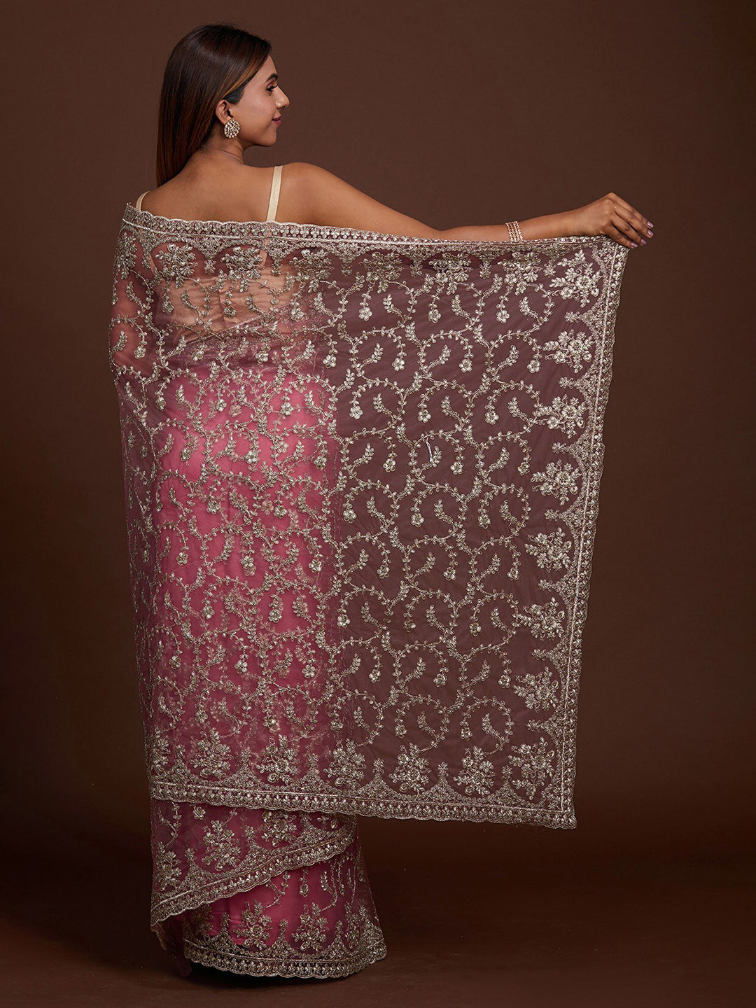 Koskii Pink & Silver-Toned Floral Zari Supernet Saree - Distacart
