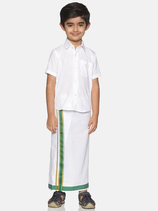 Sethukrishna Boys White & Green Pure Cotton Solid Shirt and Veshti Set - Distacart