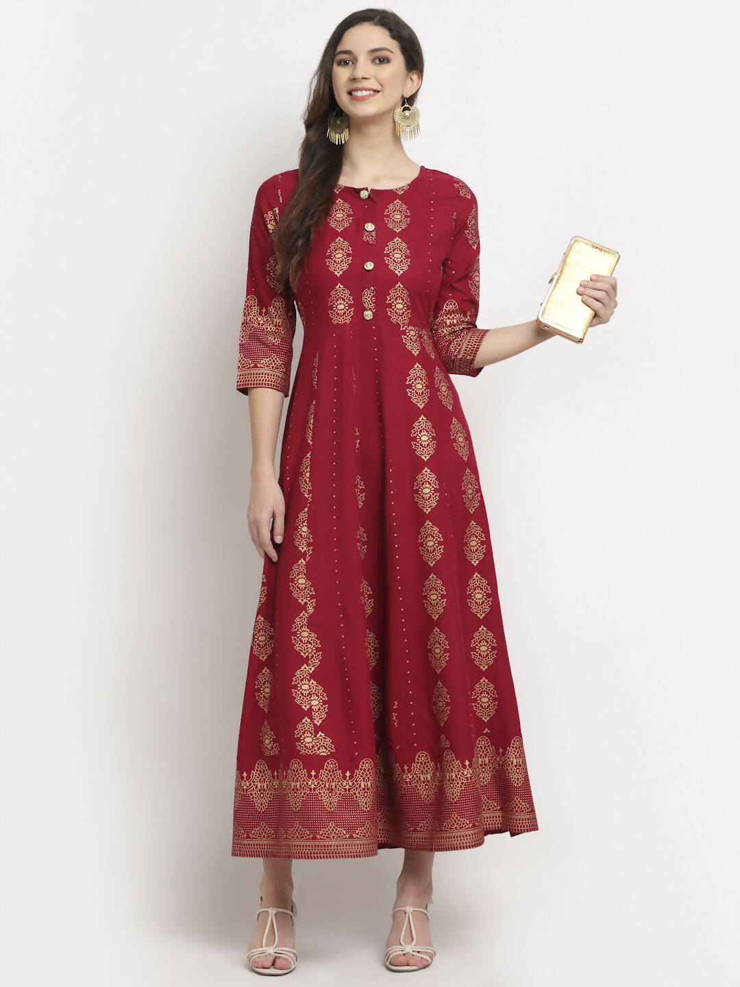Rudra Bazaar Gold Printed Flared Anarkali Maroon kurti - Distacart