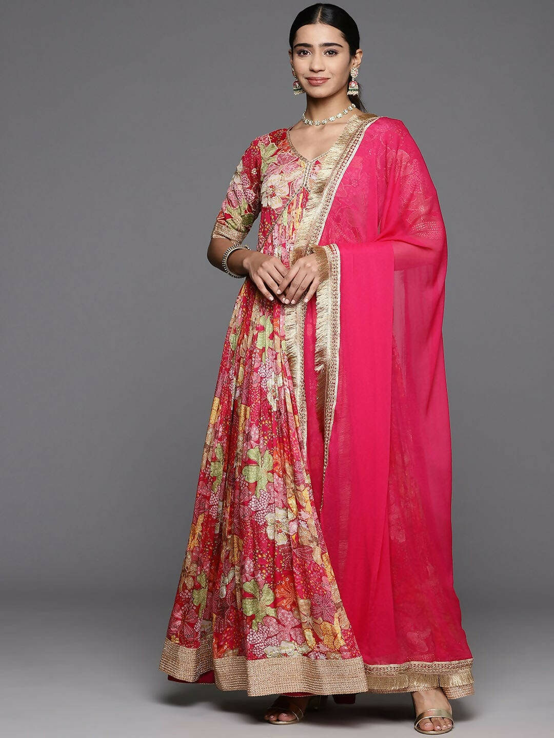 Varanga Women Pink Floral Yoke Embroidered Anarkali Kurta With Dupatta - Distacart