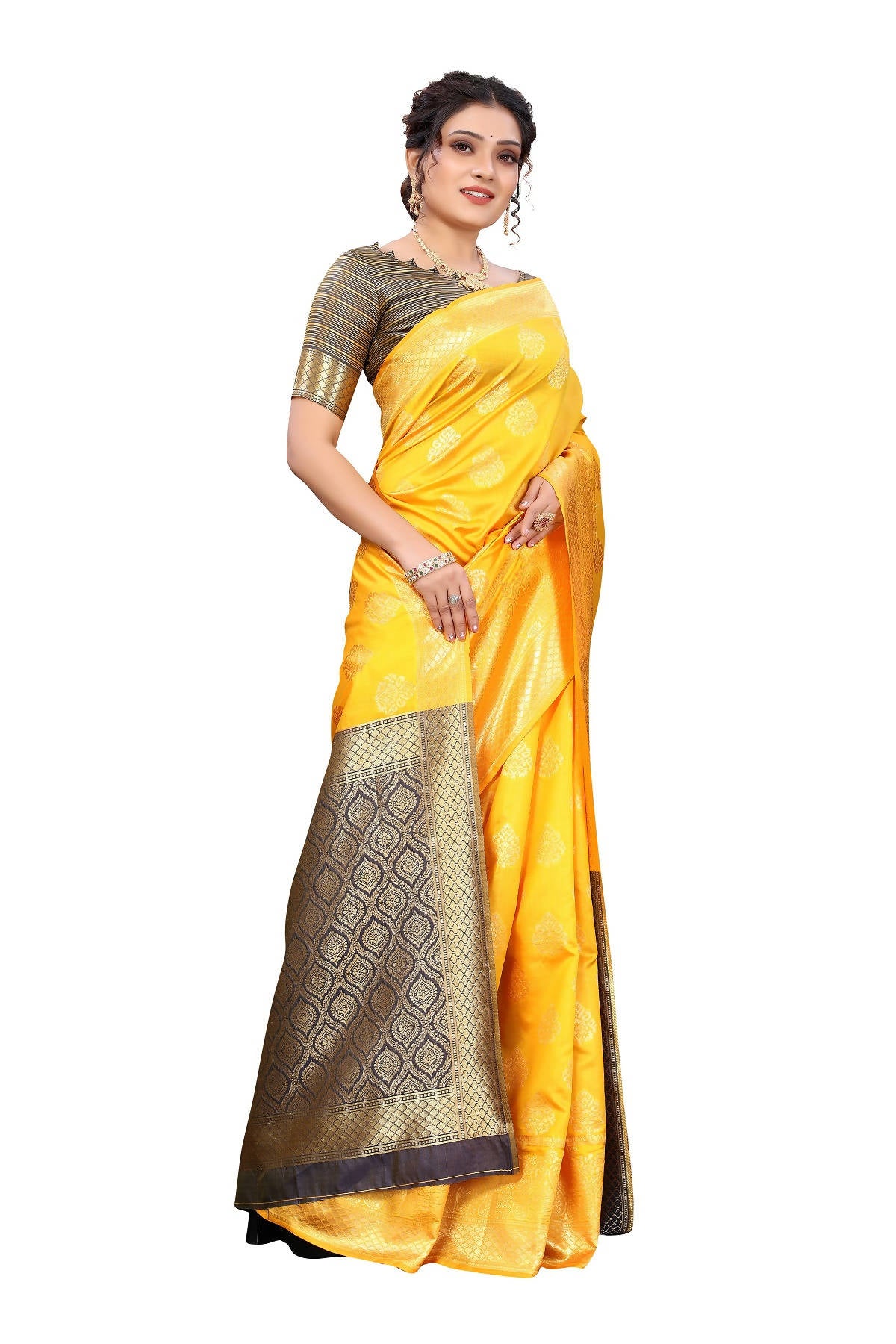 Vamika Ethnic Fire Yellow Weaving Banarasi Jacquard Saree - Distacart