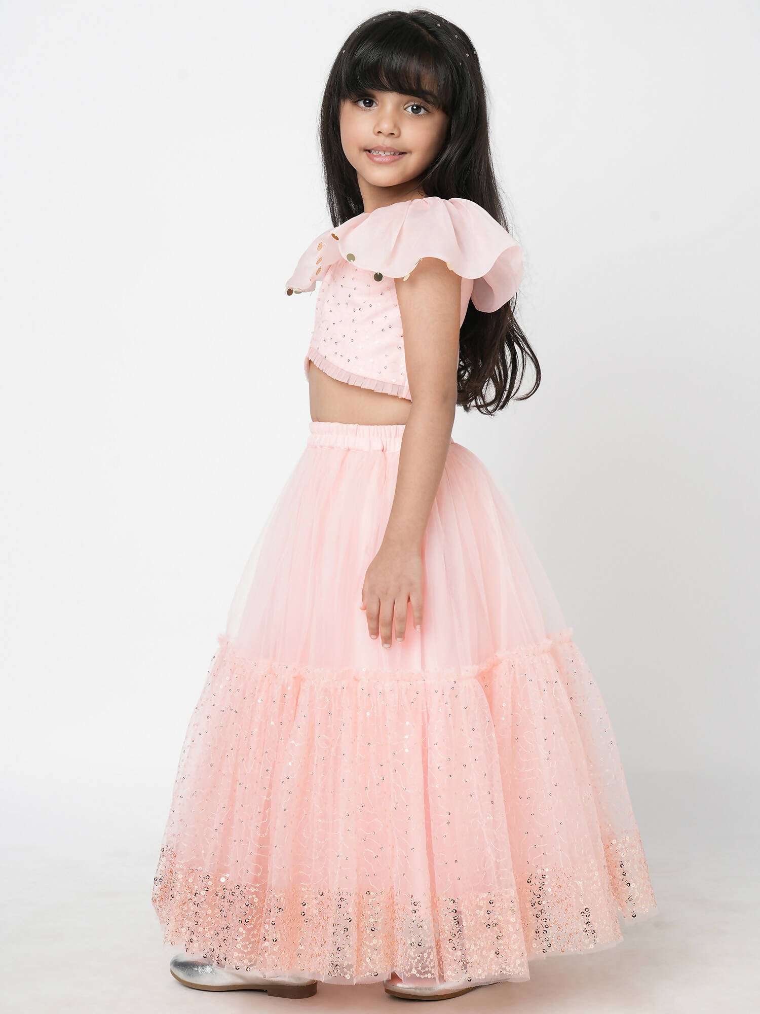 Lil Drama Paris Nights Girls Peach Sequin Embroidered Lehanga Choli - Distacart