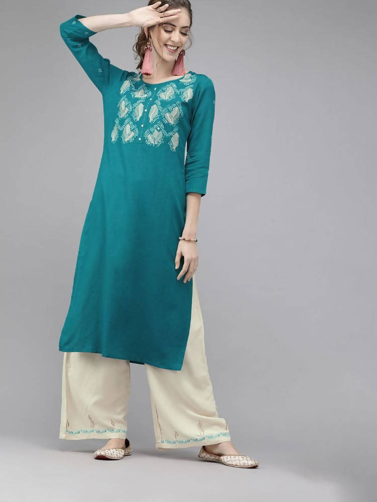 Yufta Women Green & Beige Embroidered Straight Kurta With Trouser