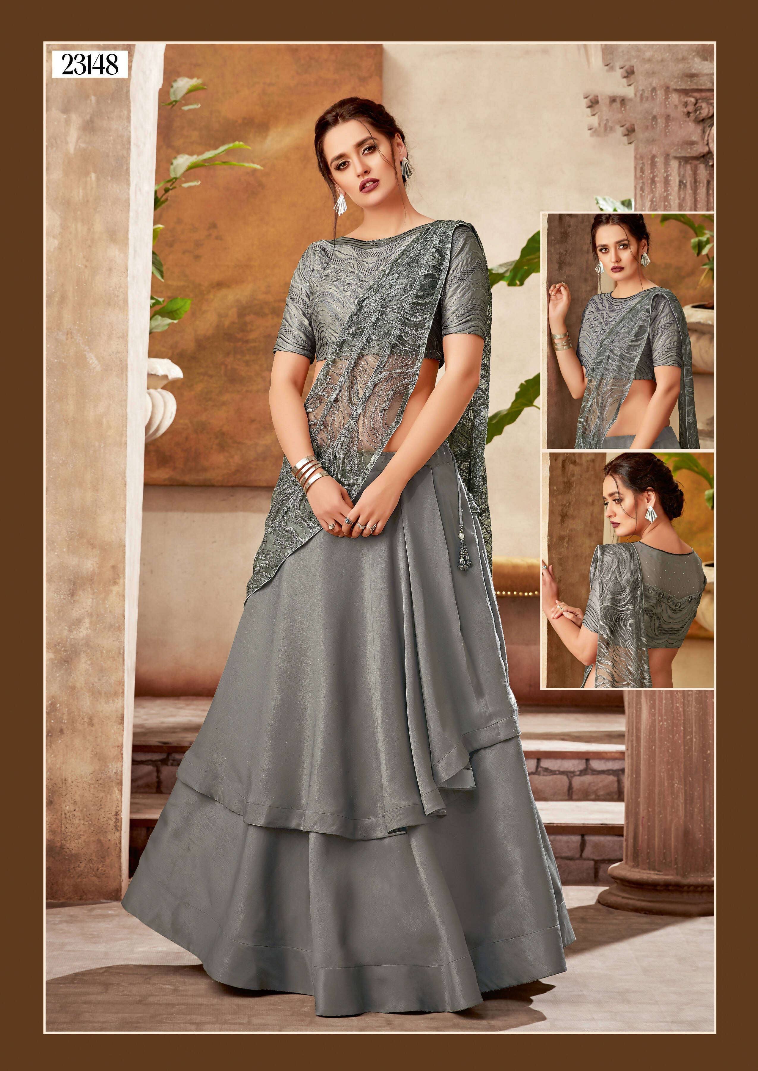 Grey Fancy Velvet Thread, Cord And Sequins Embroidery Semi-Stitched Lehenga Saree - Mohmanthan Dezzy - Distacart