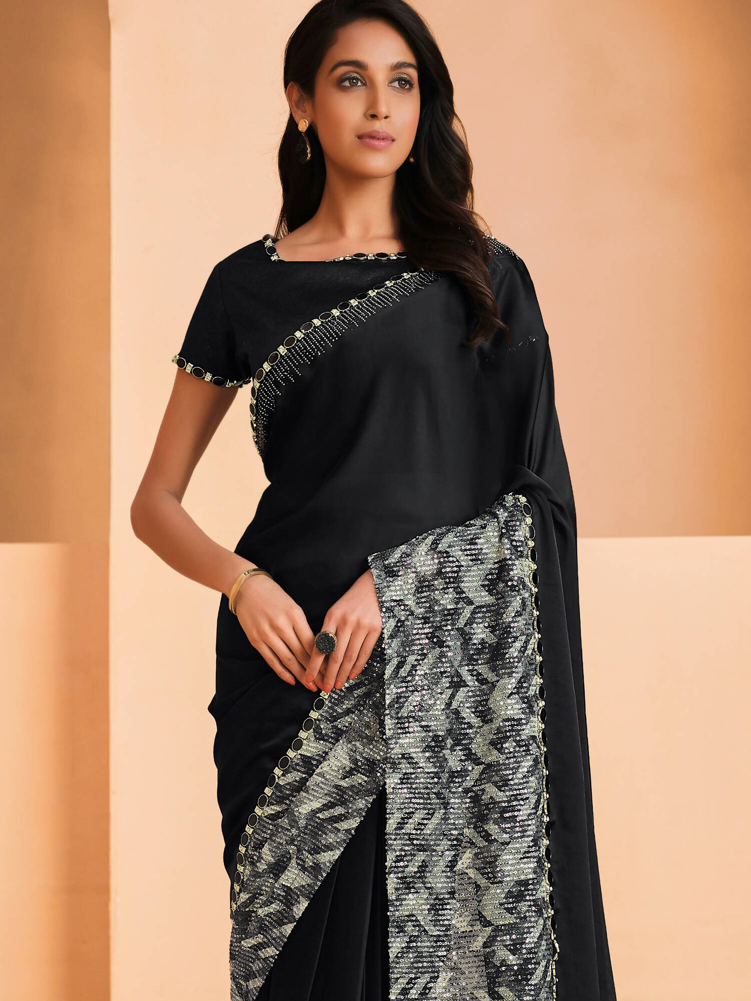 Black Satin Crepe Silk Sequence Embroidered Saree With Unstitched Blouse - Mohmanthan Yavanika - Distacart