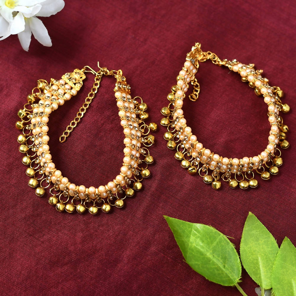 Mominos Fashion Kamal Johar Gold-Plated Pearls Anklets With Muvvas