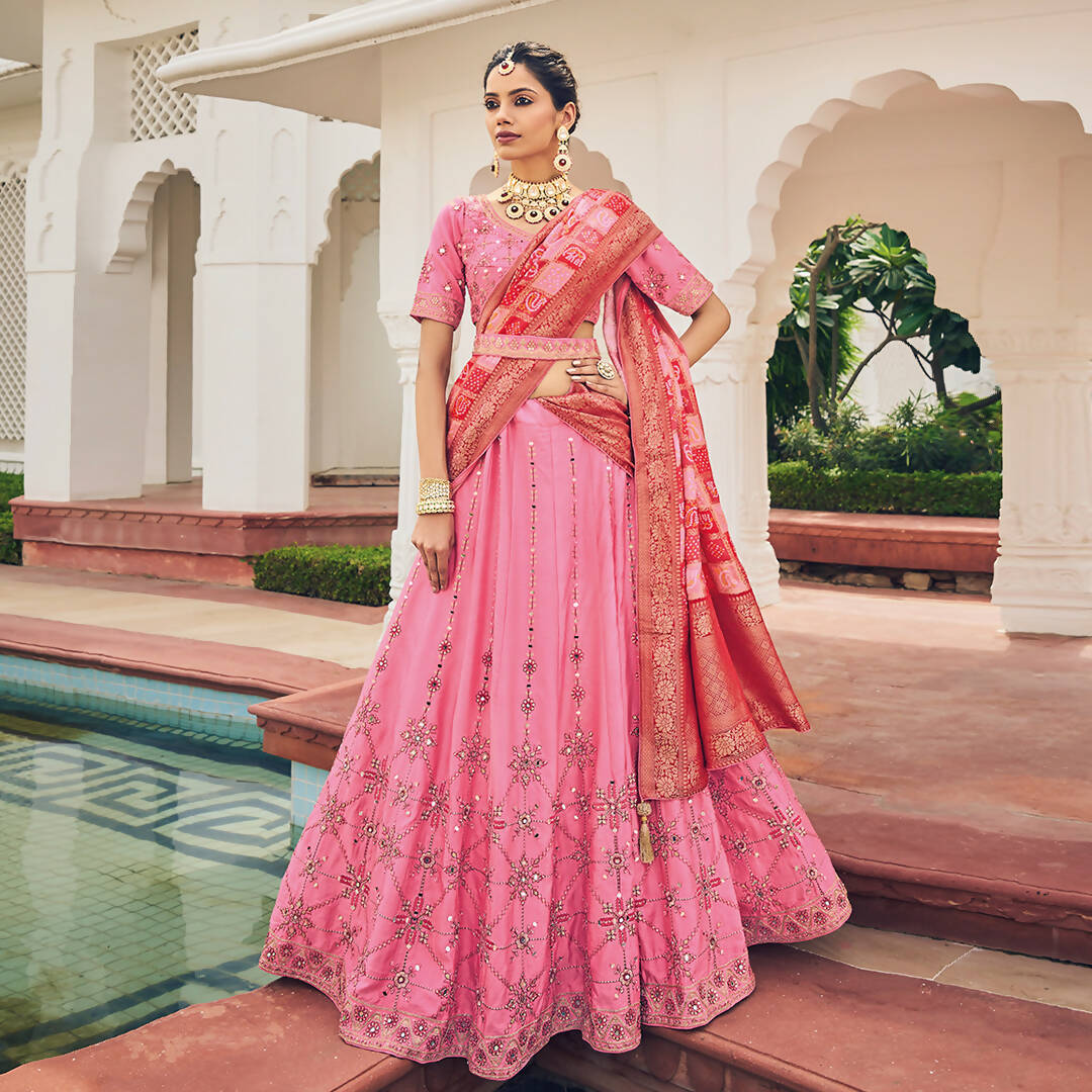 Bright Pink Heavy Viscose Khatli, Embroidery & Mirror Work Unstitched Lehenga Choli - Sisha Keshav - Distacart