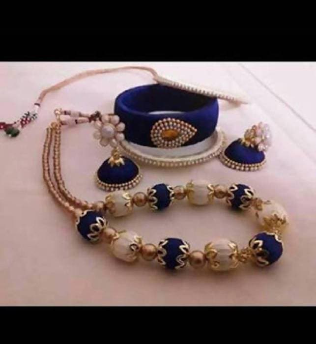 White and Blue Color Silk Threaded Necklace Set , Earrings And Bangles Set Of 2