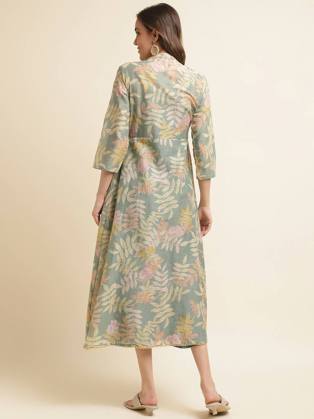 Green Cotton Solid Flared Dress with Printed Shrug - Yukti - Distacart