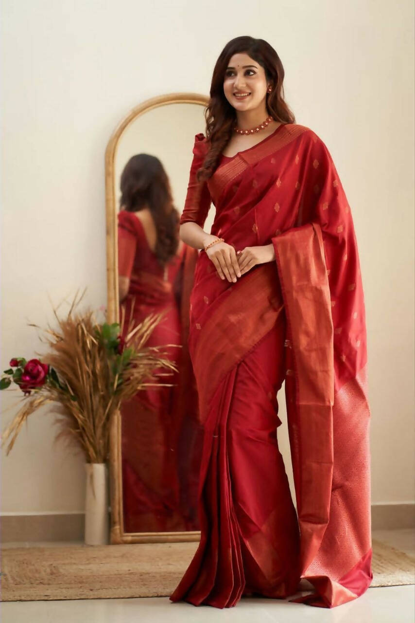 DEIANA'S Beautiful Golden Jari with New Design Soft Lichi Silk Saree - Red - Distacart