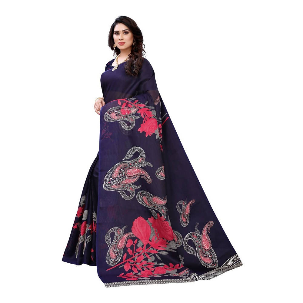Vamika Printed Jute Silk Blue Saree (Leo Navy)