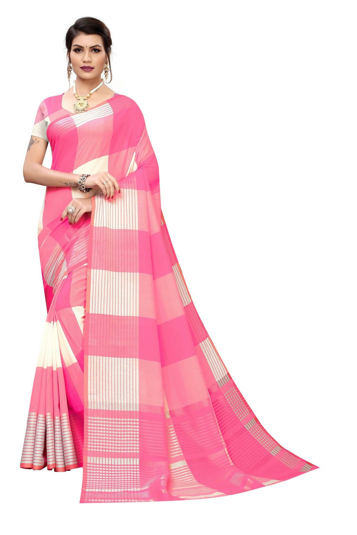 Vamika Pink Cotton Silk Weaving Saree (Gamma Checks Pink) - Distacart