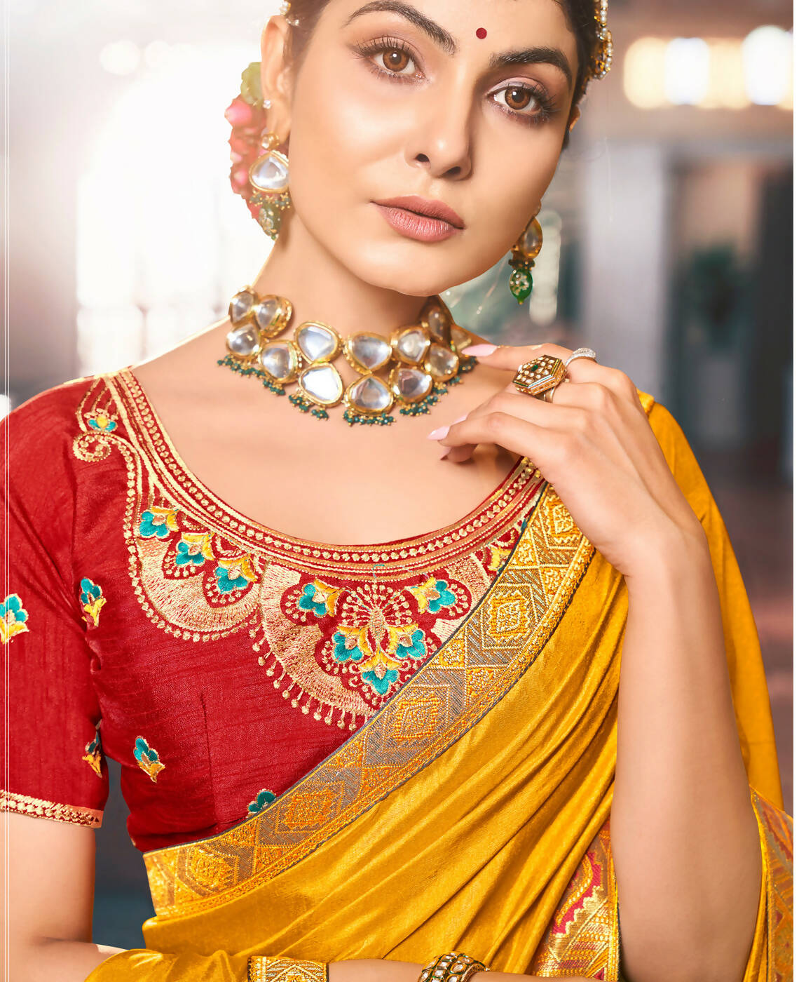 Mustard Solid Vichitra Saree With Unstitched Blouse Piece - Selena - Distacart