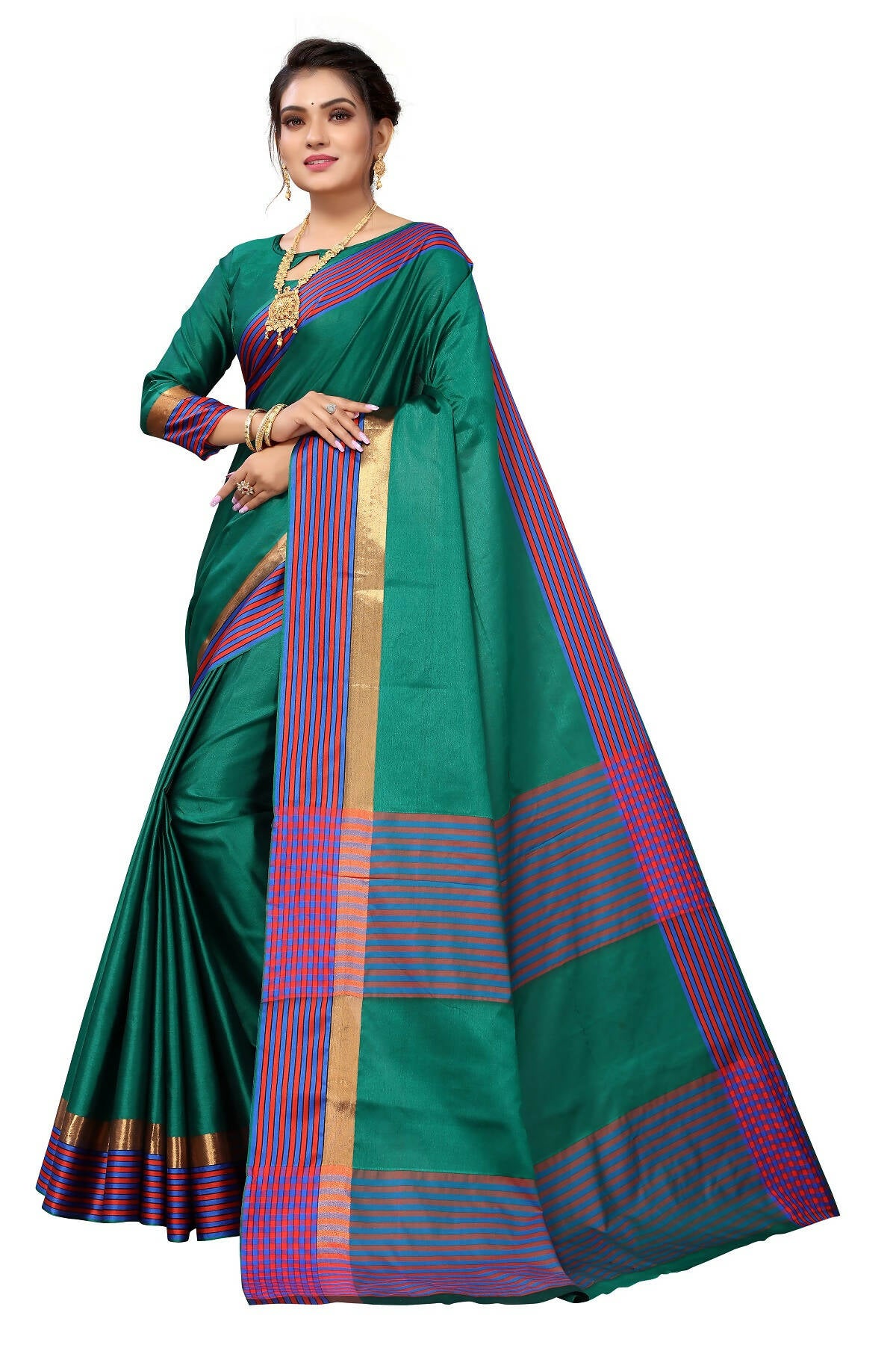 Vamika Ethnic Fire Green Cotton Silk Saree - Distacart