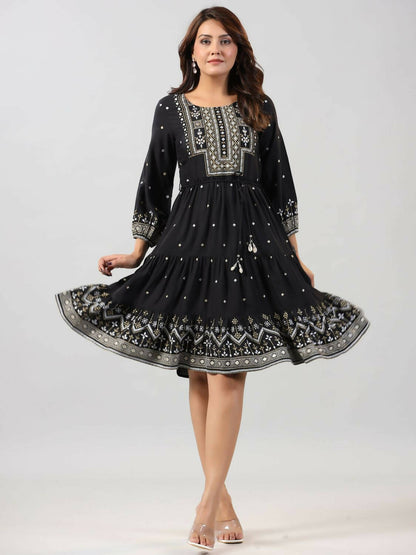 Juniper Women Black Rayon Printed Short Tiered Dress - Distacart