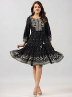 Thumbnail for Juniper Women Black Rayon Printed Short Tiered Dress - Distacart