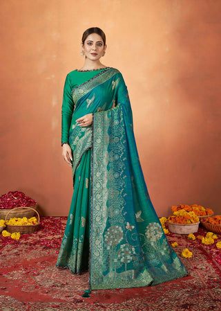 Blue Kanjivaram two tone Silk Woven Design Saree With Unstitched Blouse Piece - Norita Royal Pradha - Distacart