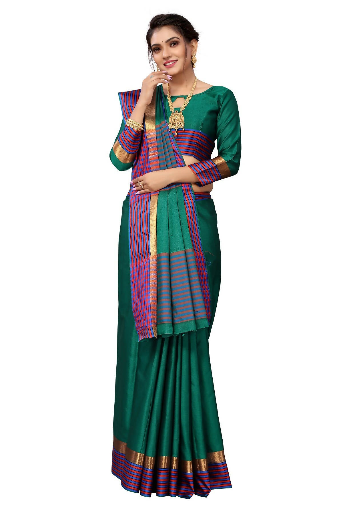 Vamika Ethnic Fire Green Cotton Silk Saree - Distacart