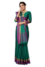 Thumbnail for Vamika Ethnic Fire Green Cotton Silk Saree - Distacart