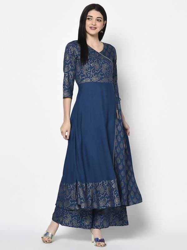 Aniyah Rayon Blue Color Foil Print Angrakha Anarkali Kurta (AN-208K)