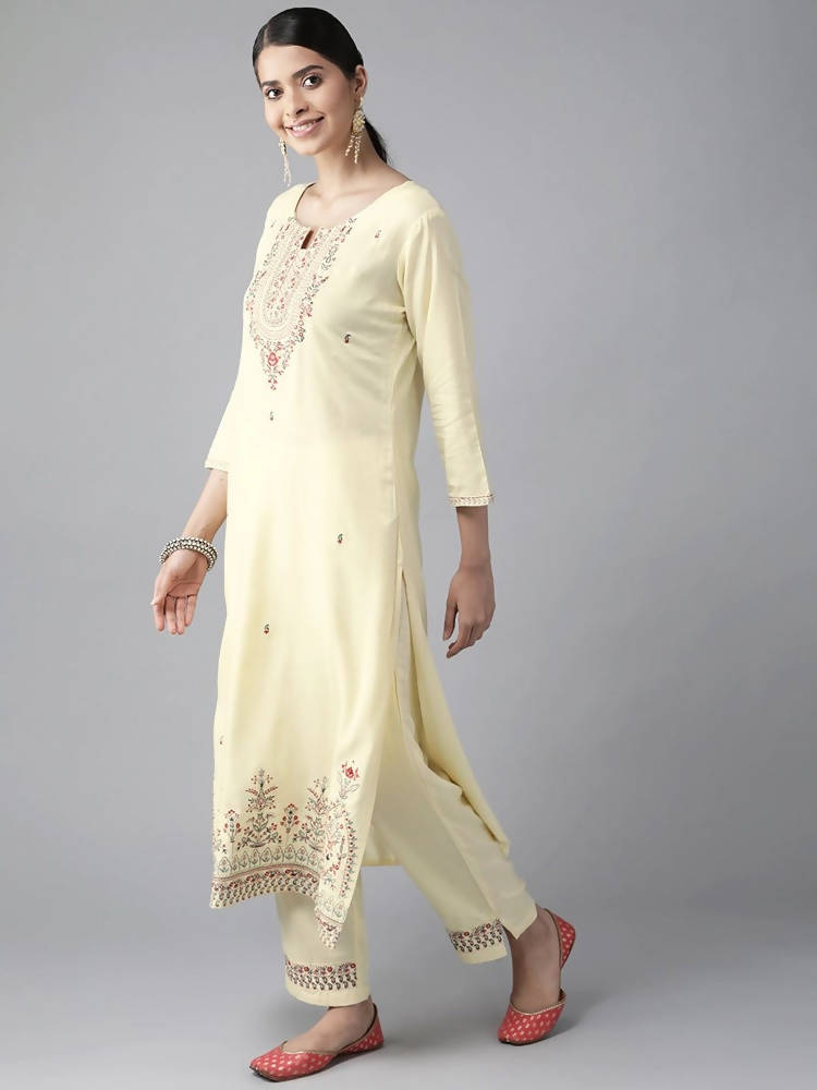 Yufta Women Cream-Coloured Ethnic Motifs Embroidered Regular Thread Work Kurta with Palazzo & With Dupatta