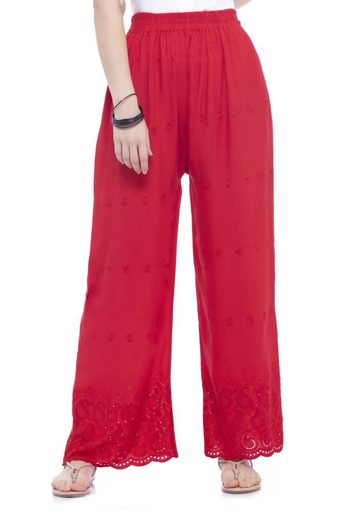 Mominos Fashion Reyon Cotton Red Embroidery Chikan Palazzo - Distacart