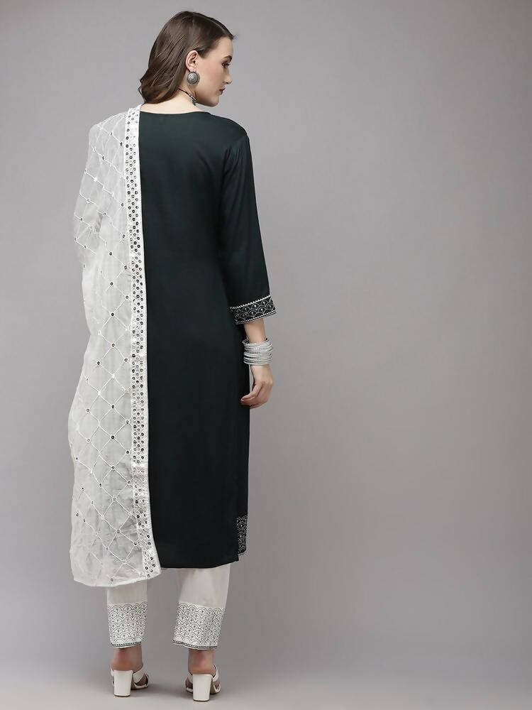 Yufta Women Green Yoke Design Regular Sequinned Kurta with Palazzo & With Dupatta