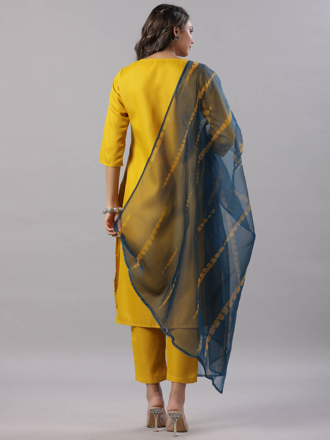 Juniper Women's Mustard Silk Zari Embroidered Kurta Pant Dupatta Set - Distacart