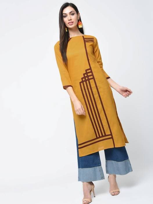 Aniyah Cotton Straight Mustard Color Kurta With Patchwork (AN-105K)