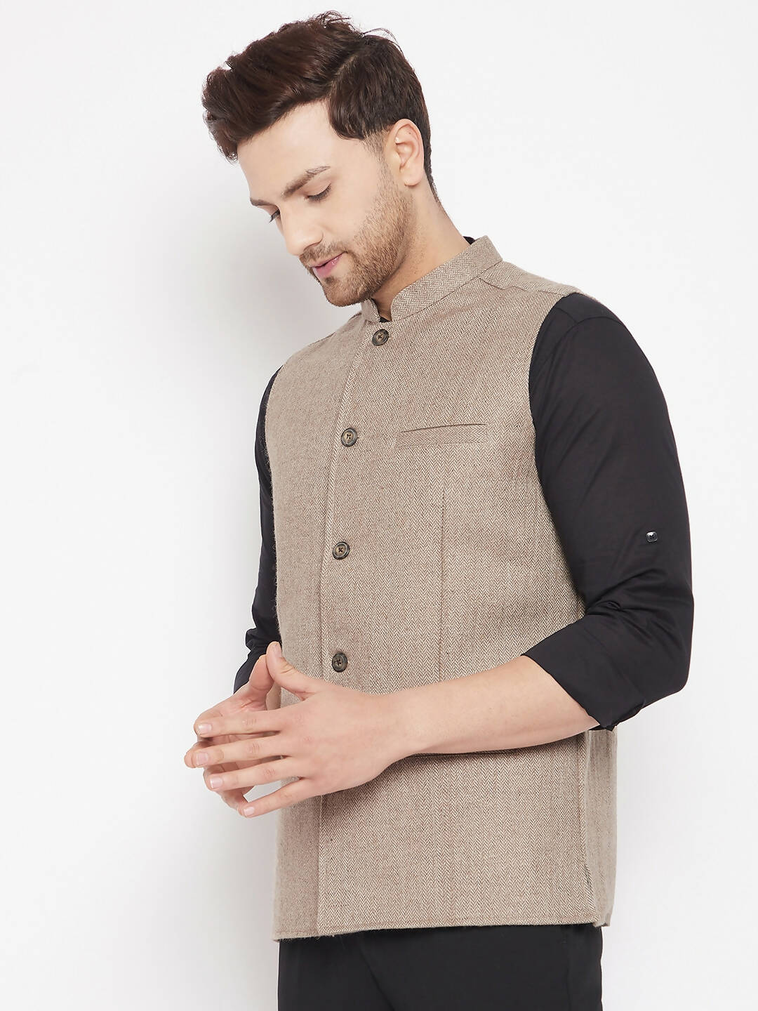 Even Apparels Beige Wool Men Woven Nehru Jacket - Distacart