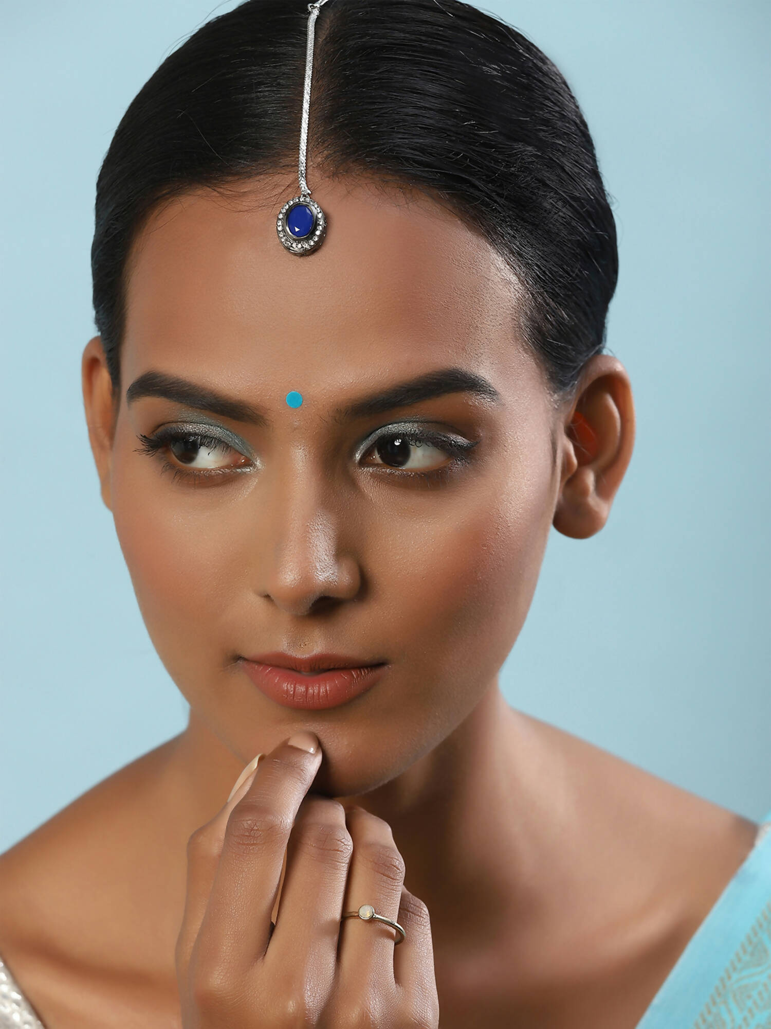 Women's Blue Silver-Toned Kundan Studded Maang Tikka - Ruby Raang - Distacart